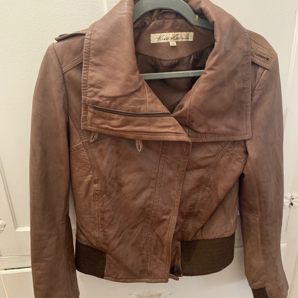 Genuine leather brown bomber jacket